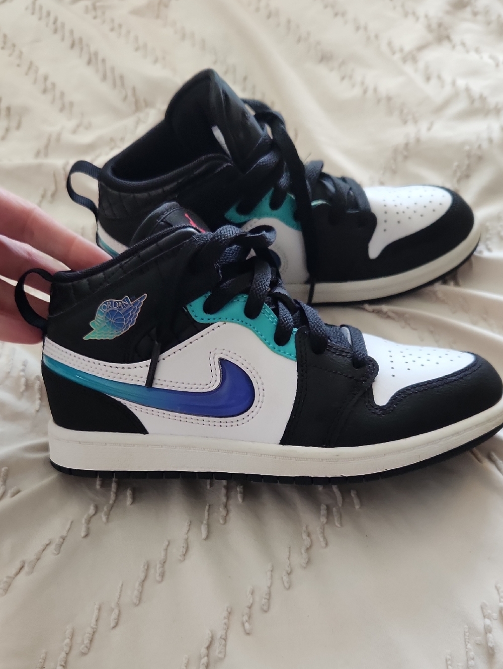 Boys Jordan Mids in White, Black, Teal & Blue